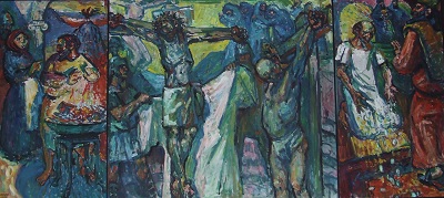 Triptych depicting scenes from the crucifixion, by John Dowie. 